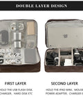 Waterproof Double Layer Electronics Organizer Bag For Cords, Chargers, Power Banks, Hard Drives And Mice, Classic Brown