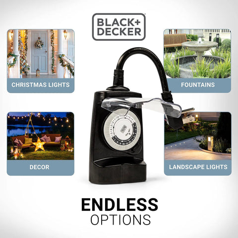 Waterproof Outdoor Plug Timer With Dual Grounded Outlets, Analog Clock Schedule Controller used for Christmas lights and fountains.