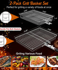 Two Piece Outdoor Grill Basket Set With Removable Wooden Handles, Stainless Steel BBQ Grilling Baskets for Meat Fish Veggies Seafood