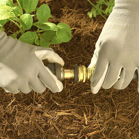 Two Piece Brass Garden Hose Quick Connect Fittings Set For Hoses Nozzles And Sprinklers With Push Pull Ring And Rubber Grips in use