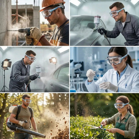 Killer Clarity Anti Fog Safety Goggles Over Glasses With Scratch Resistant Panoramic Shield in action during various work tasks.