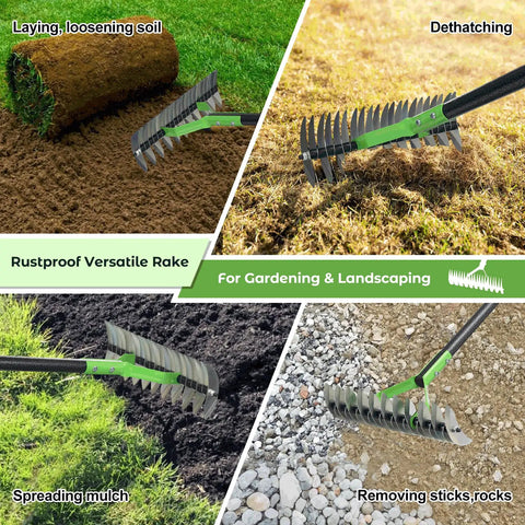 65 Inch Thatch Rake With 21 Teeth, Dual Sided 13 Inch Wide Head For Thatch Removal shown with garden uses like dethatching and leveling soil.