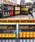 Heavy Duty Metal Garage Shelving Unit With Fully Adjustable Shelves, displayed with adjustable shelf heights in a garage setting.