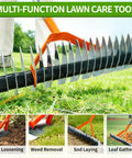 All Purpose Lawn Thatch Rake With 15 Inch Head Beefy 19 Tines 68 Inch Adjustable Handle shown in yard use