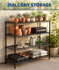 Solid Build Top Tier Heavy Duty Four Tier Metal Wire Shelving Rack With Rust Resistant Powder Coated Steel Frame For Tough Garage Storage And Apartment Setup with potted plants and gardening supplies.