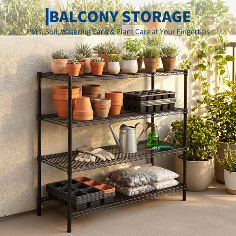 Solid Build Top Tier Heavy Duty Four Tier Metal Wire Shelving Rack With Rust Resistant Powder Coated Steel Frame For Tough Garage Storage And Apartment Setup with potted plants and gardening supplies.
