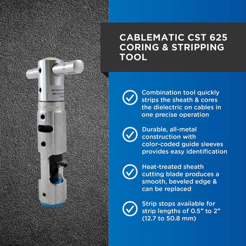 Blue CST 625 Combo Coring And Stripping Tool with metal body and color-coded sleeves. Designed for electricians and installers.