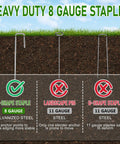 Comparison of landscaping staples: J-shape 8 gauge galvanized steel staple beside 11 gauge landscape pin and U-shape staple in soil.