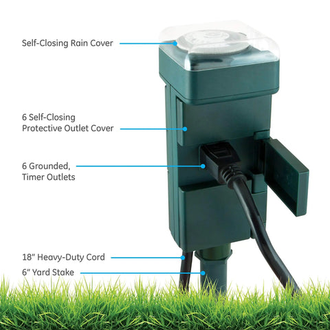 Built Like A Tank Weather Resistant Outdoor Mechanical Timer With An Effortless 24 Hour Dial Routine Plus Beefy 6 Grounded Outlets For String Lights Fountains And Pump Gear showing 6 grounded timer outlets and self-closing rain cover.