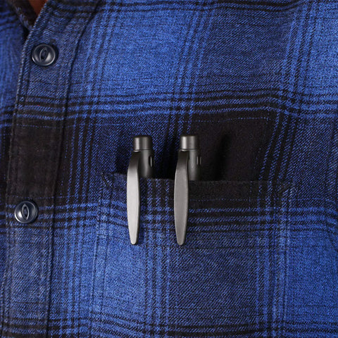 Real Deal Four Piece Mini Pen Screwdriver Kit Featuring Versatile Four In One Double End Bits For Phillips And Flathead Jobs Great For Tight Spaces And On The Fly Fixes in a pocket of a blue plaid shirt.