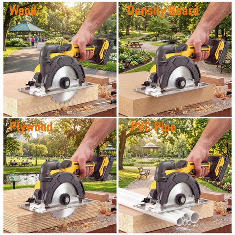 6 Inch Brushless Cordless Circular Saw Compatible With DeWalt 20V Max Battery cutting wood, density board, plywood, and PVC pipe in park.