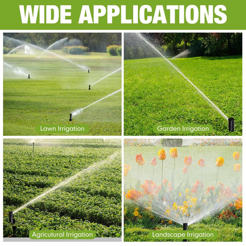 Wide applications of Knockout Pack Slick Gear Drive Pop Up Sprinkler Heads for lawn, garden, agricultural, and landscape irrigation.