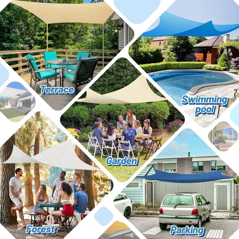 Various uses of 33 Piece Marine Grade Stainless Steel Sun Shade Sail Hardware Kit including terrace, garden, forest, pool, parking.