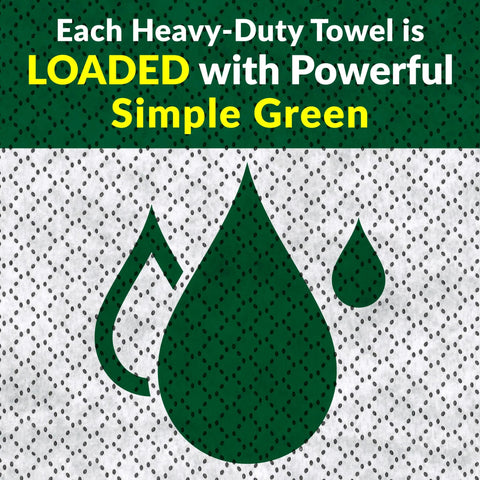 Promotional banner for Simple Green heavy-duty cleaning towels with green droplet icon on dotted background