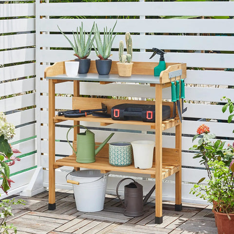 Potting Bench With Natural Wood Top And 3 Tier Shelves Outdoor Garden Workstation With Hooks Fir Wood Potting Table For Planting Storage Organizer For Soil Bags And Tools Space Saving Garden Work Bench
