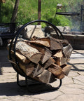 24-Inch Round Firewood Rack With Weatherproof Cover For Indoor Use, Log Holder Hoop, loaded with firewood outdoors