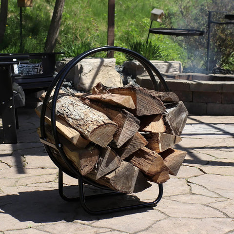 24-Inch Round Firewood Rack With Weatherproof Cover For Indoor Use, Log Holder Hoop, loaded with firewood outdoors
