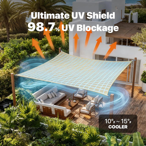 Heavy Duty 12x16 Beige Sun Shade Rectangle Shade Sail With Super Ring Canopy Awning For Patio Carport Yard UV Blocking 260 GSM Commercial Grade We Custom Size installed over patio