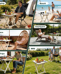 People using Ultra Lightweight Aluminum Folding Camping Table For Travel And Outdoor Adventures, 18.5x18.5x24.5 Inches, Supports Up To 62 Lbs at beach, camping, terrace, and BBQ.