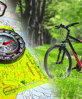 Orienteering Compass For Hiking And Camping, Pro-Grade Scout Tool For Map Reading on map near bicycle and backpack