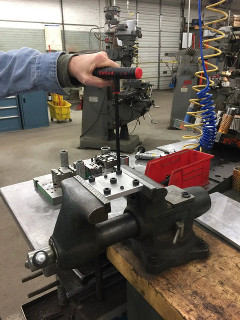 Person using Power-T Handle Hex Key Set, 11 Piece Allen Wrench Kit With SAE Inch Sizes 5/64 Through 3/8, 9 Inch Series in workshop.