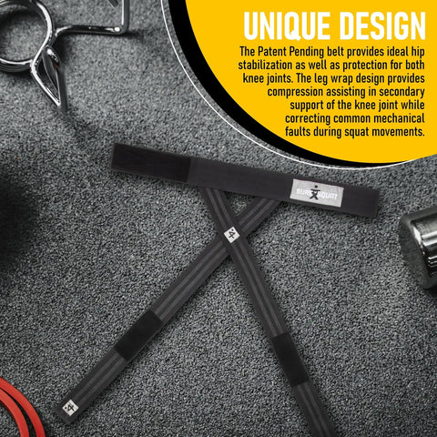 Elastic Exoskeleton And Lifting Belt To Boost Your Squat Game And Technique, Protect Knees, And Power Through Lifts With Solid Form On Leg Day, Designed For Lifters Pushing Through Injuries And Keeping Knees Safe, black Sure Squat Belt displayed on a gym mat.