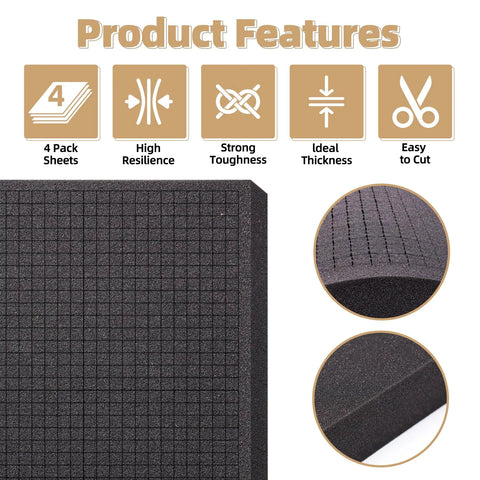 Heavy Duty 4 Pack Pre Cut Pick and Pluck Polyurethane Foam Sheets with Hella High Rebound Sponge Build showing features and grid cut layout.