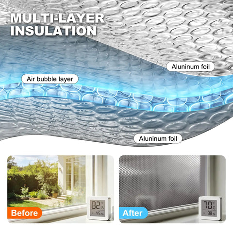 Bubble Reflective Window Insulation Roll For Winter Heat Retention With Double Sided Aluminum Foil And Bubble Layer 59 Inches By 99 Inches An Easy Cut Thermal Shield For RV Windows showing insulation layers and temperature comparison before and after installation.