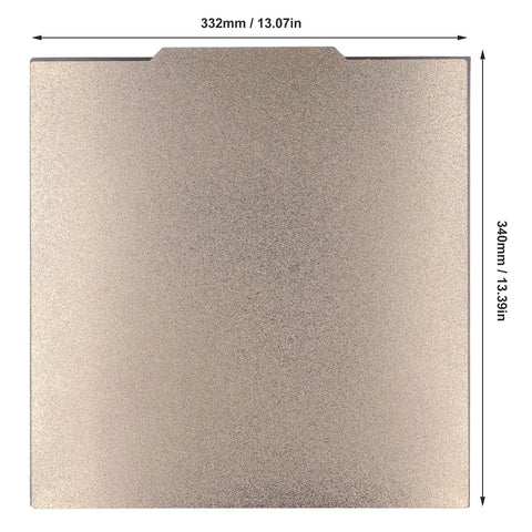 Solid Double Sided Pei Texture Spring Steel Build Plate With Magnetic Base For 3D Printers, size 332x340 mm, top view.