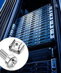 Top Notch M6 By 20mm Rack Mount Cage Nuts Screws And Washers Bundle For Server Cabinets in a server cabinet background.