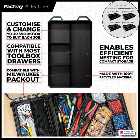 Four Compartment ABS Tool Tray For Milwaukee Packout Compatible Half Width Boxes with compartments for organized storage.