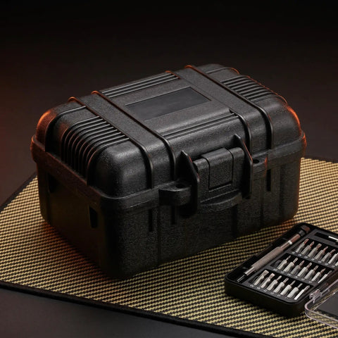 Hella Sturdy Portable Plastic Toolbox With Foam Padding For Small Parts Organization And Hardware Storage Slick Handheld Tool Case For Everyday Pros on a textured mat.