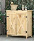 Top Shelf 32 Inch Galvanized Top Workshop Cabinet With Dual Shelves And Rust Resistant Farmhouse Doors, natural wood finish.