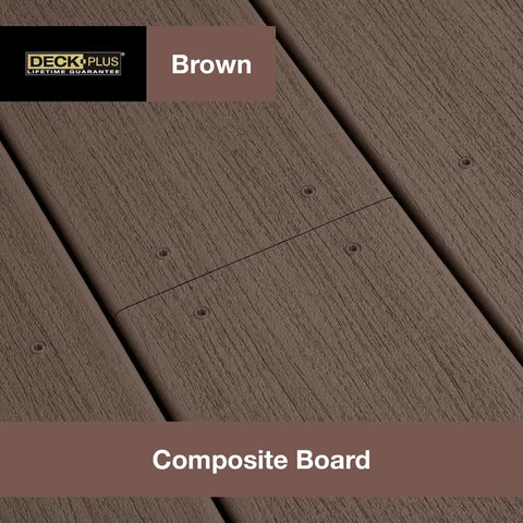 Brown Star-Drive Deck Screws For Composite And Treated Wood No Pre-Drill Needed Pro-Cut Threads Self-Tapping Tip shown on deck
