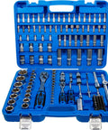 Master Grade 150 Piece Socket Set With Quarter Inch And Half Inch Drives Featuring Super Lock Sockets Deep And Short Profiles Plus Impact Tough Ratchets for serious mechanics organized in blue plastic case.