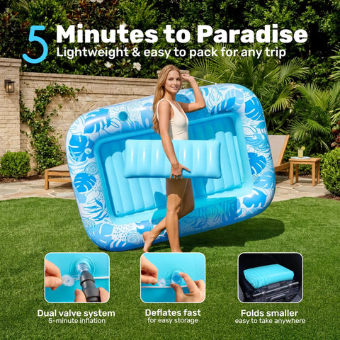 Woman carrying Inflatable Tanning Pool Lounger Float 70 Inch By 46 Inch with Pillow in backyard, showing deflation and storage features.