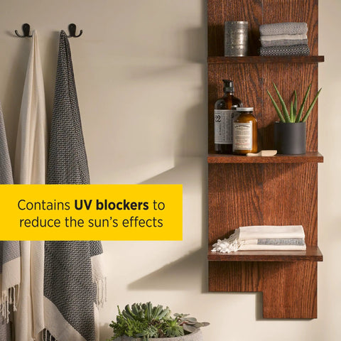 Wooden shelf image showing Gloss Water Based Spar Urethane Gallon Size With UV Blockers To Fight Sun Graying And Moisture Like A Champ