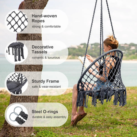 Chill Out Hammock Chair With Macrame Swing, handwoven cotton rope, woman sitting by lake, outdoor use.