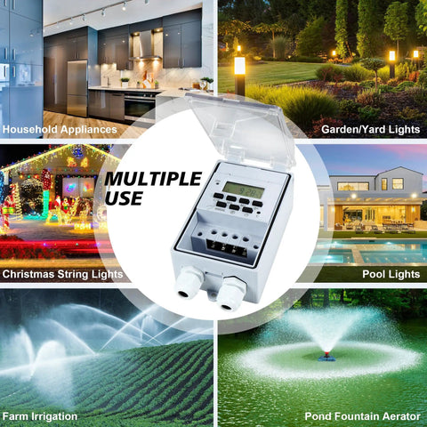 Rock Solid Heavy Duty Waterproof Programmable Timer Switch For Indoor And Outdoor Use Controls multiple outdoor equipment like lights and fountains.