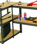 Heavy Duty Five Tier Black Steel Storage Rack Featuring Hella Sturdy Boltless Shelves And Rock Solid Adjustable Frames, holding tools and cans.