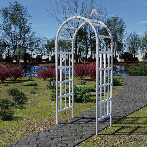 Weatherproof Vinyl Garden Arbor Arch 41W By 86H White Easy Assembly With Ground Anchors Durable Outdoor Yard Decor shown on garden path