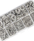 Roughneck 304 Stainless Steel Spring Lock Washer Assortment Kit with 600 heavy duty split lock washers in organized sections.
