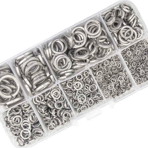 Roughneck 304 Stainless Steel Spring Lock Washer Assortment Kit with 600 heavy duty split lock washers in organized sections.