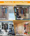 Dual Pack Wall Mounted Ski And Snowboard Storage Rack Heavy Duty Duo Set displayed in garage, basement, ski club, and warehouse settings.