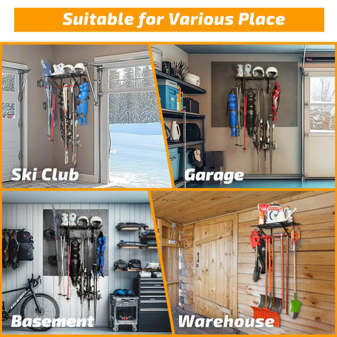 Dual Pack Wall Mounted Ski And Snowboard Storage Rack Heavy Duty Duo Set displayed in garage, basement, ski club, and warehouse settings.