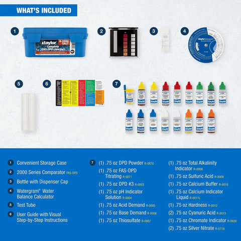 Top Shelf Saltwater Pool Test Kit Featuring FAS DPD High Range Chlorine Checker with test chemicals and storage case.