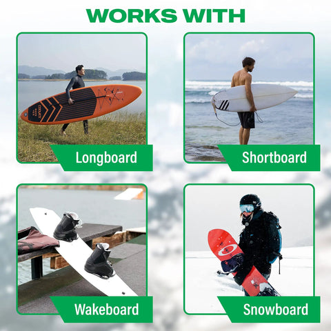 Collage showing longboard, shortboard, wakeboard, and snowboard highlighting Wood Surfboard Rack For Longboards And Shortboards Indoor Outdoor Wall Mount Display Crafted In Minimal Dark Stained Wood To Turn Your Board Into Art And Keep It Safe At Home Or In The Shop compatibility.