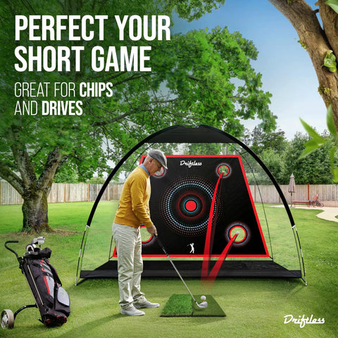 Golfer practicing with Full Swing Golf Practice Net 10x7 Ft For Backyards And Indoor Hitting With Mat in a backyard setting