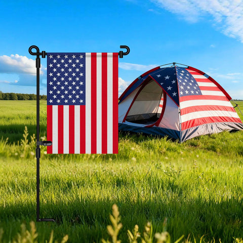 Heavy Duty Garden Flag Stand With Collapsible Steel Holder Pole Weatherproof Coating And Locking Spring Clips For Top Tier Outdoor Decor Without The Flag Hassle Free Setup Yard Ready Gear displaying an American flag near a tent.