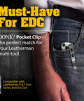 Fly Titanium Tc4 Pocket Clip Upgrade For Leatherman Free T And P Series Plus Arc Bond And Curl Multifunction Tools Matte Replacement Swap with Tough Bolts and Norwood Grain Pattern in pocket of jeans.